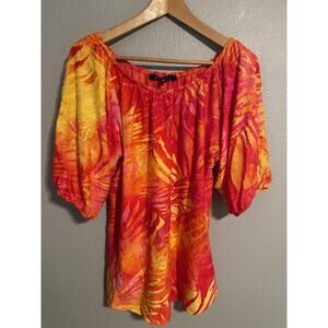 Calessa Tunic Top Womens XL Multicolor Tropical Off Shoulder Puff Sleeve Stretch